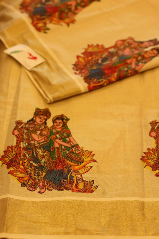 Onam Gold Printed Cotton tissue Silk Saree with Krishna prints