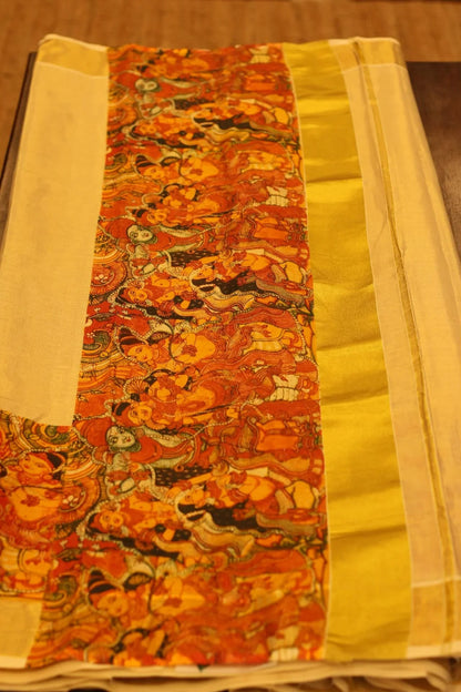 Onam Gold Silk Saree with Temple Painting in Print