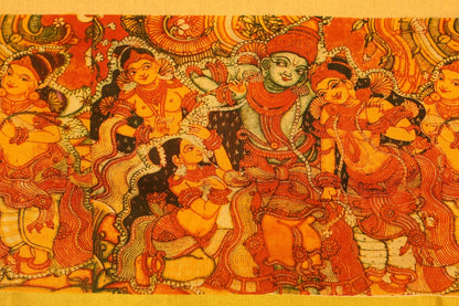 Onam Gold Silk Saree with Temple Painting in Print