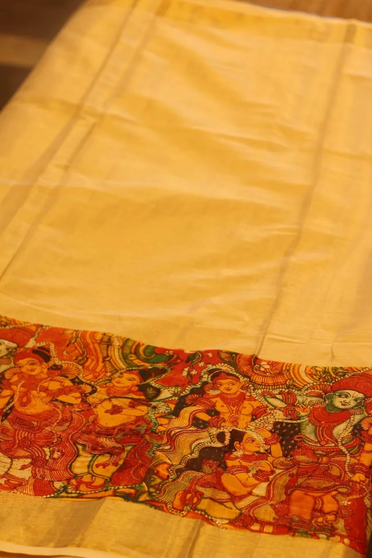 Onam Gold Silk Saree with Temple Painting in Print