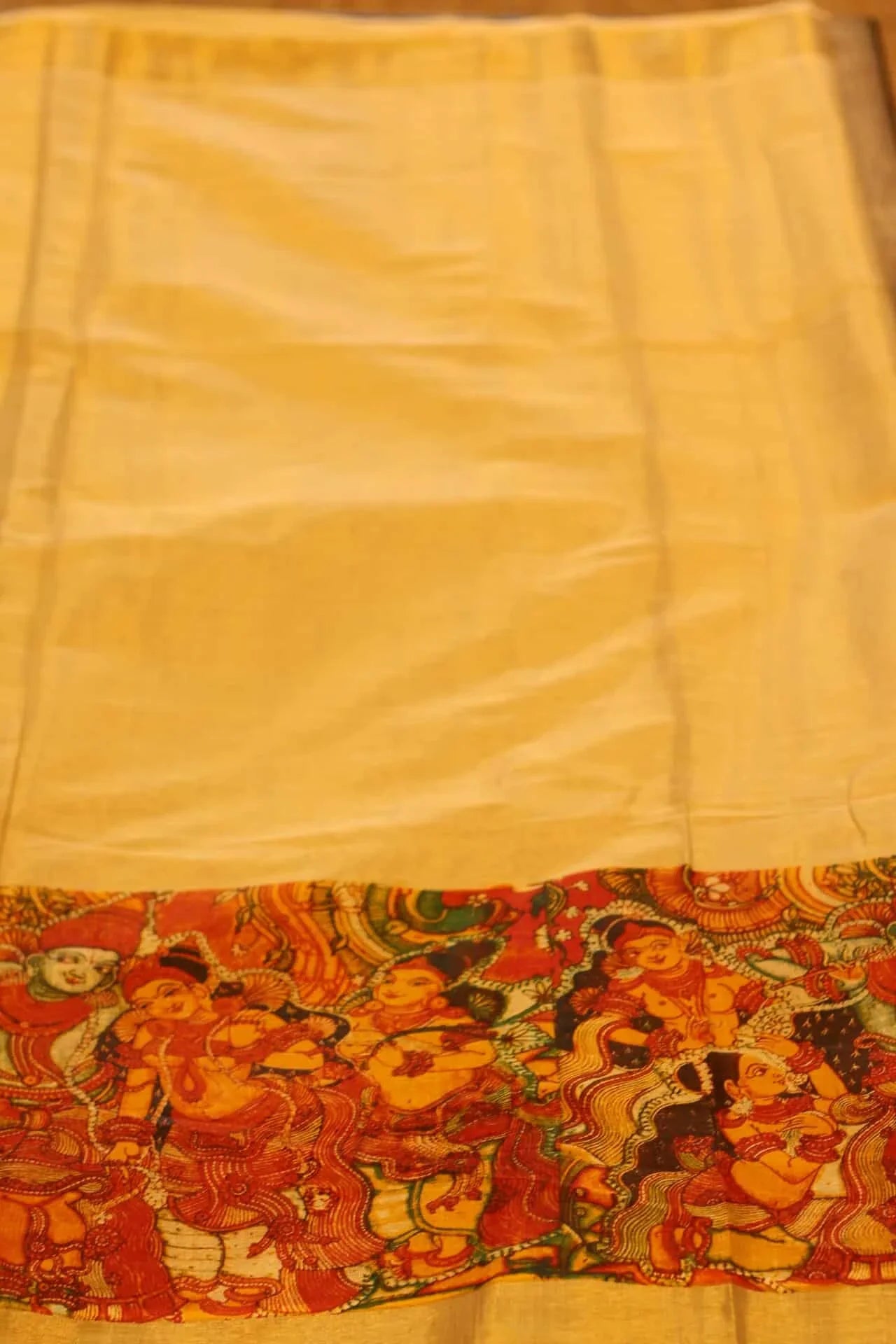 Onam Gold Silk Saree with Temple Painting in Print