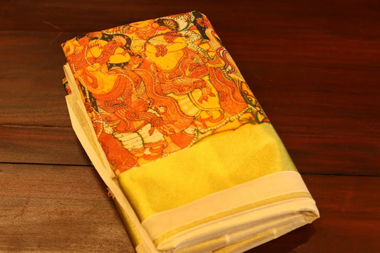 Onam Gold Silk Saree with Temple Painting in Print