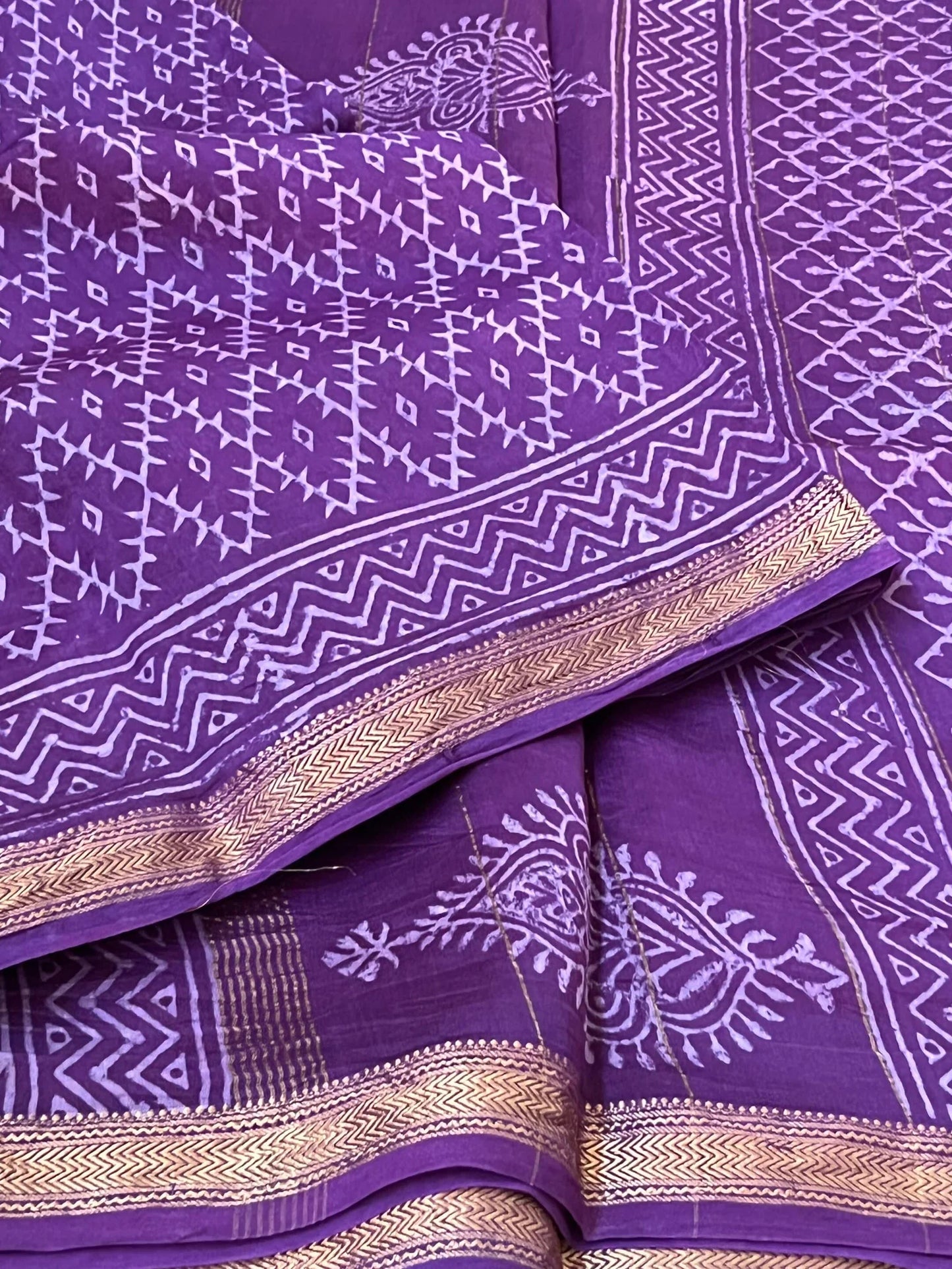 Pure Maheshwari Silk Cotton Saree with Ajrakh prints – Purple