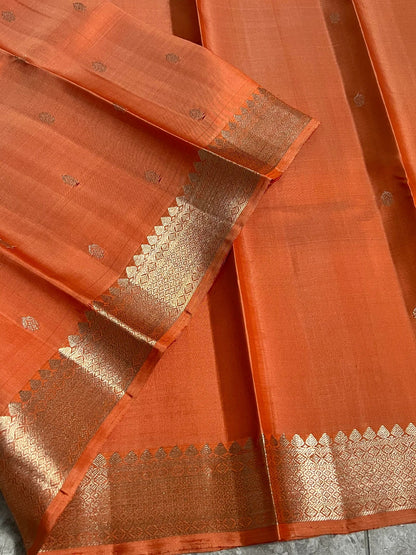 Handloom KANJIVARAM PURE SILK SAREE WITH SILVER ZARI BORDERS - Dark Peach