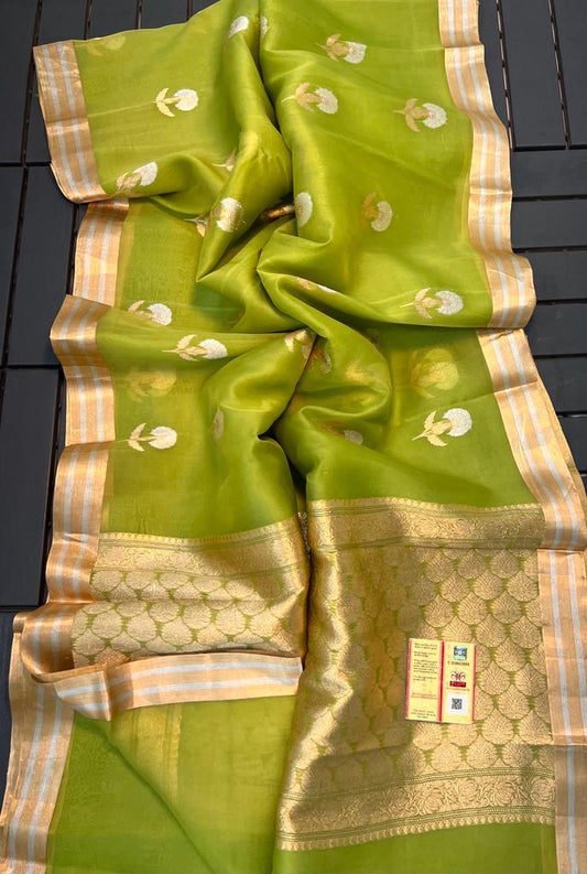 Kora Banaras Organza Pure Silk Saree - Parrot Green