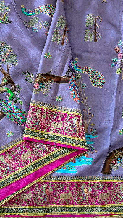A Kashmiri Pashmina Banarasi Handwoven Storytelling Sarees on Munga Silk - Purple