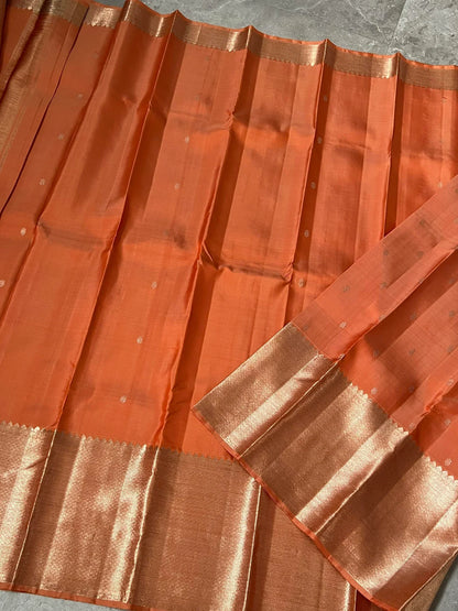 Handloom KANJIVARAM PURE SILK SAREE WITH SILVER ZARI BORDERS - Dark Peach