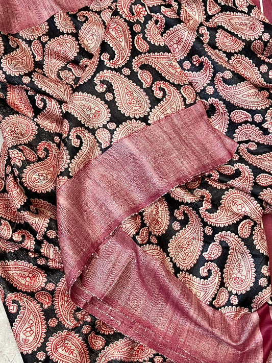 Handloom Giccha silk saree – Ajrakh block prints