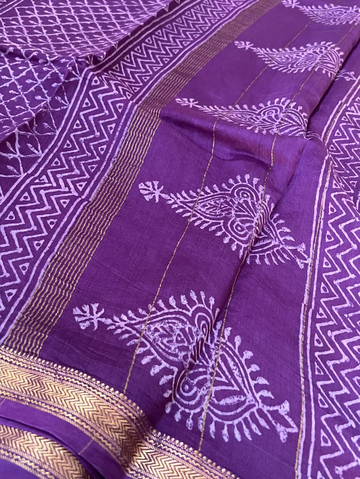 Pure Maheshwari Silk Cotton Saree with Ajrakh prints – Purple