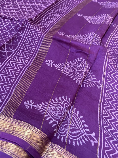 Pure Maheshwari Silk Cotton Saree with Ajrakh prints – Purple