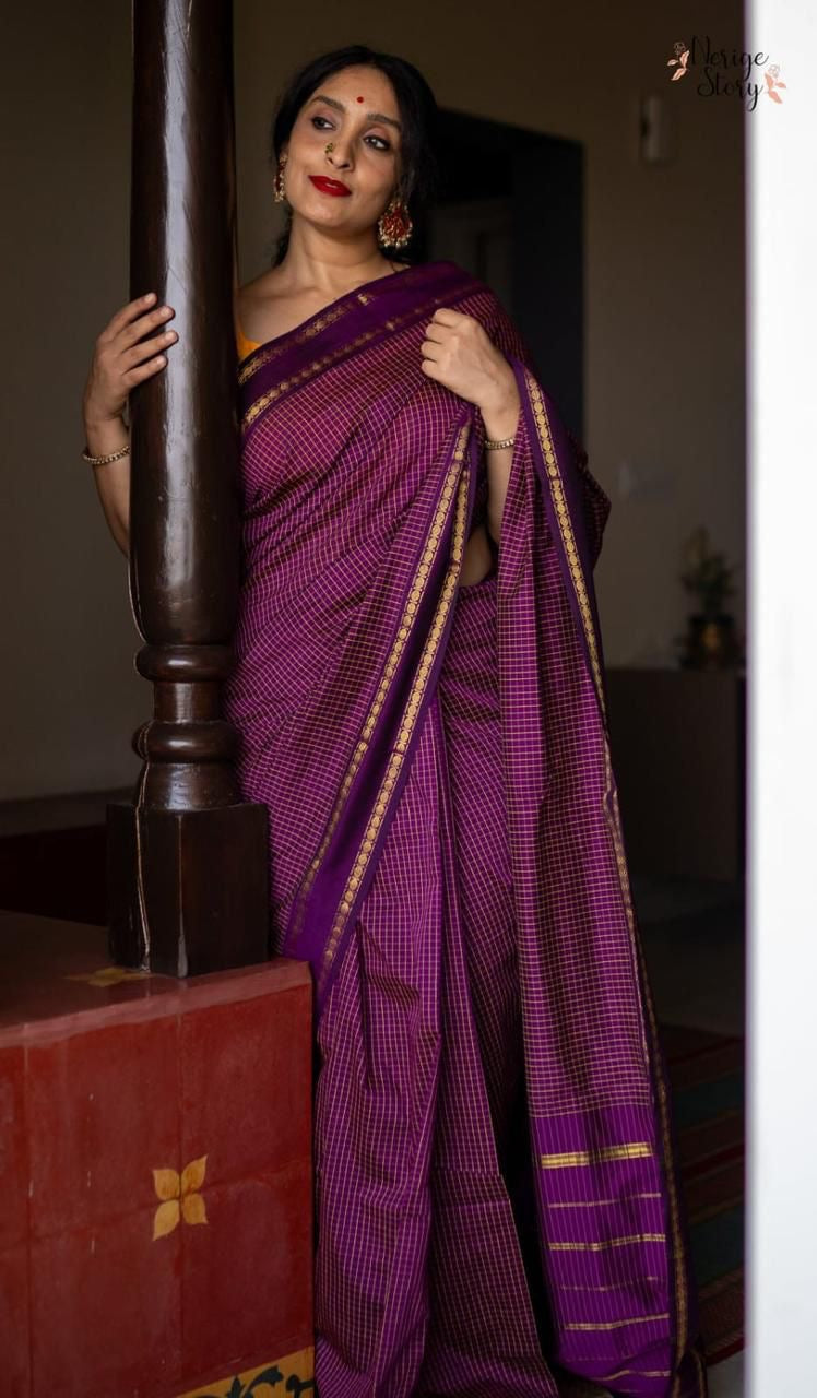 Purely Hand-Woven - Pink checkered traditional Saree