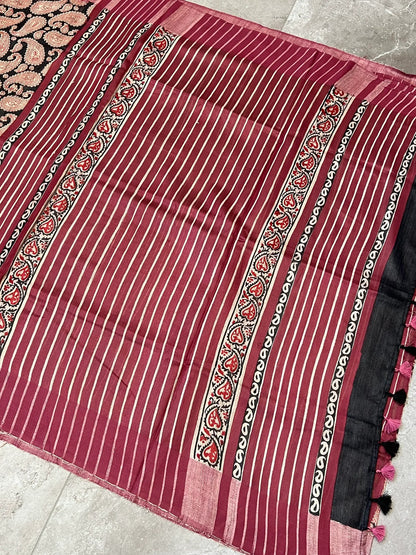 Handloom Giccha silk saree – Ajrakh block prints
