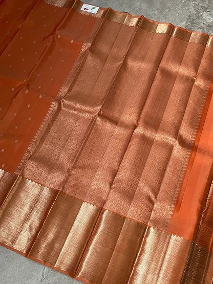 Handloom KANJIVARAM PURE SILK SAREE WITH SILVER ZARI BORDERS - Dark Peach