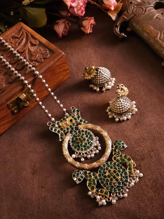 Antique German Silver long necklace with emerald green color stone work and pearl details