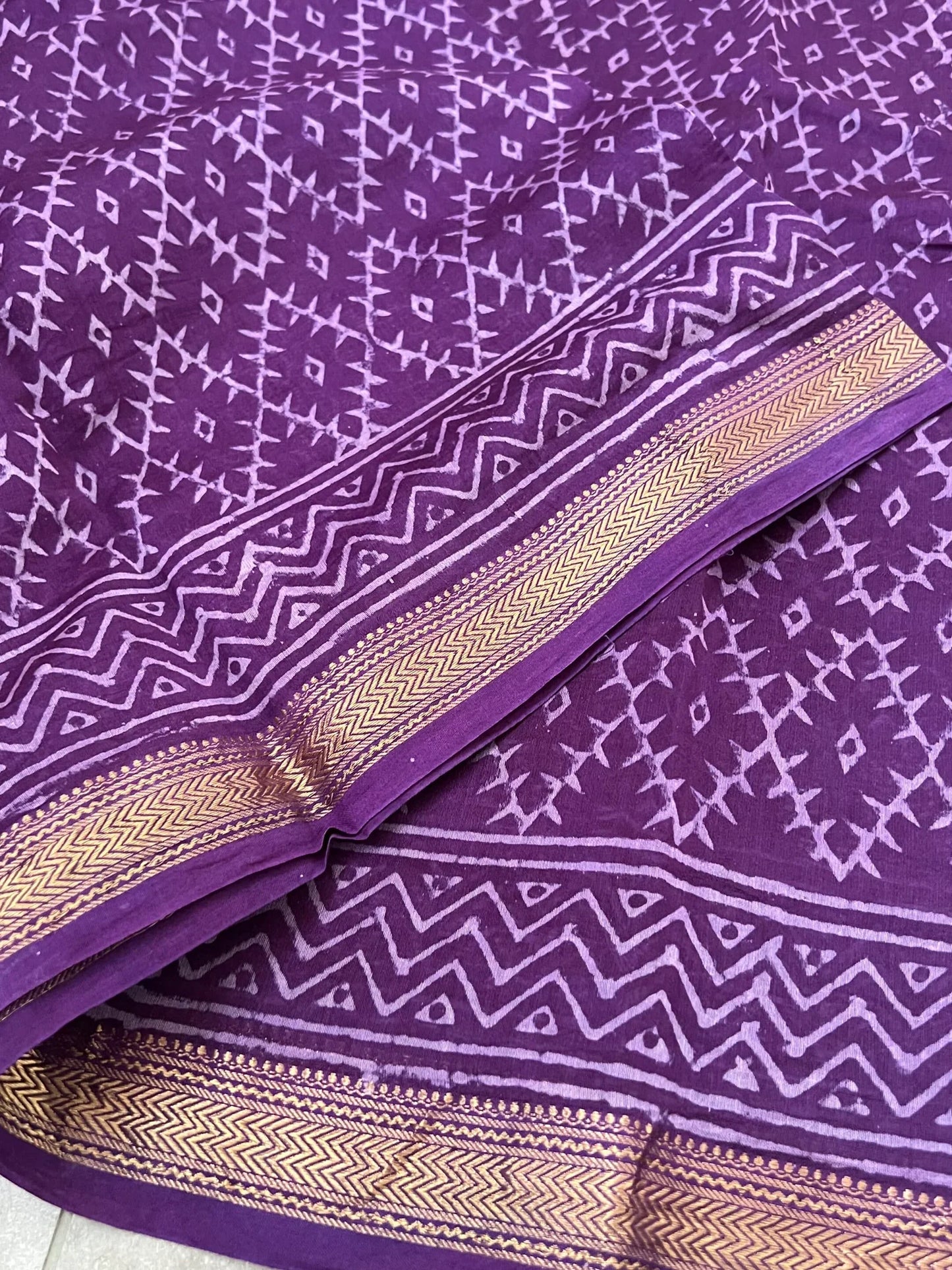 Pure Maheshwari Silk Cotton Saree with Ajrakh prints – Purple