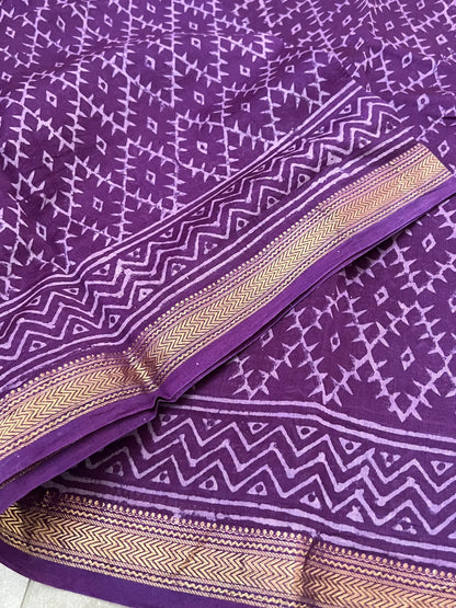 Pure Maheshwari Silk Cotton Saree with Ajrakh prints – Purple