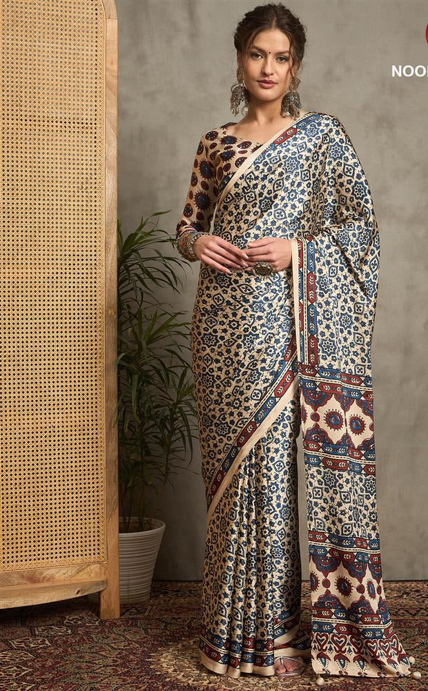 MODAL SILK SAREE WITH DIGITAL AJRAKH PRINTS - Half White