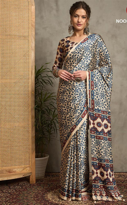 MODAL SILK SAREE WITH DIGITAL AJRAKH PRINTS - Half White