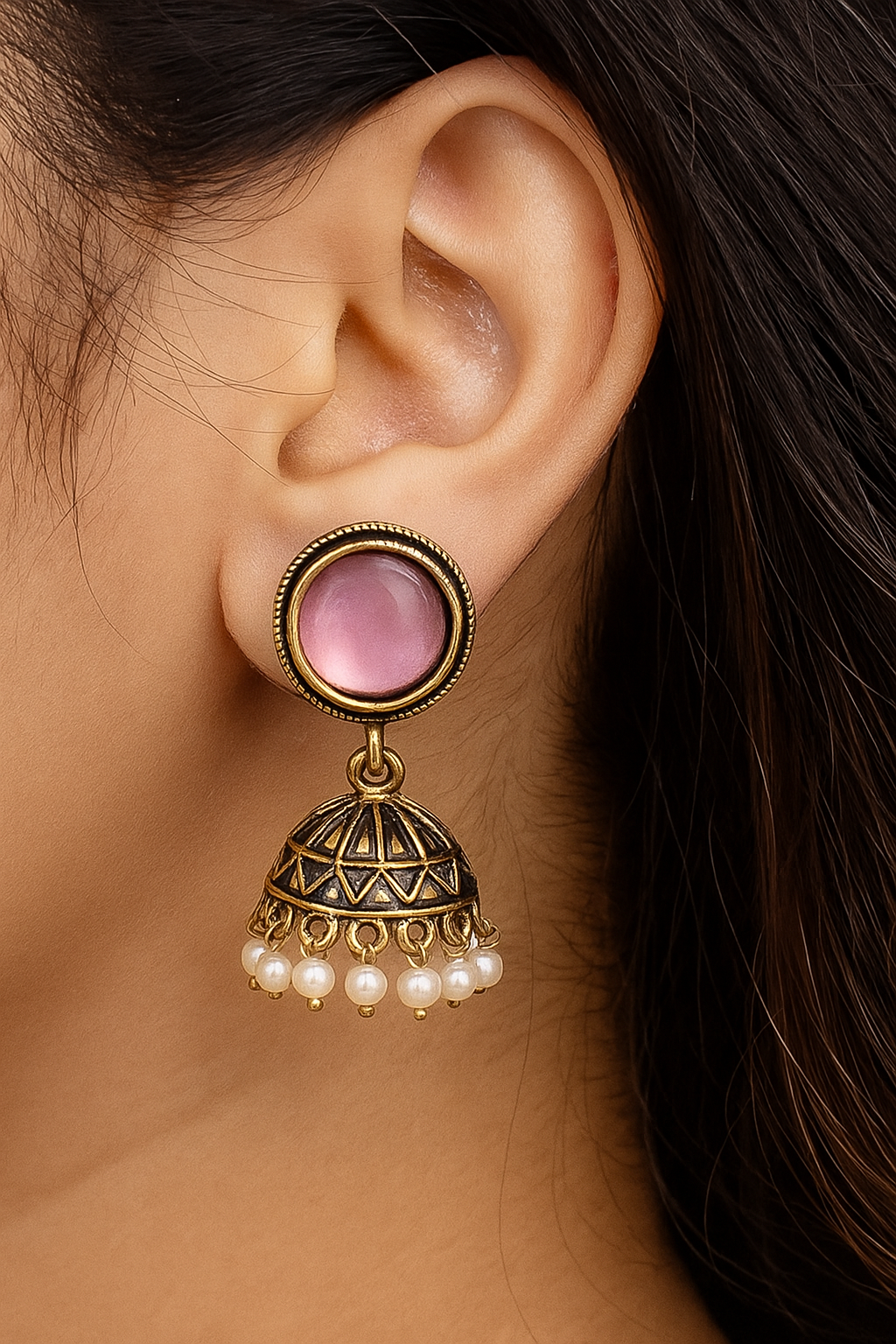Antique Black Gold Finish Jhumka with Blush Pink Stone