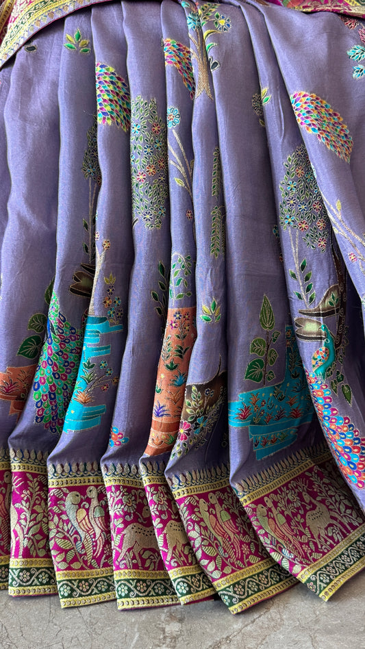 A Kashmiri Pashmina Banarasi Handwoven Storytelling Sarees on Munga Silk - Purple