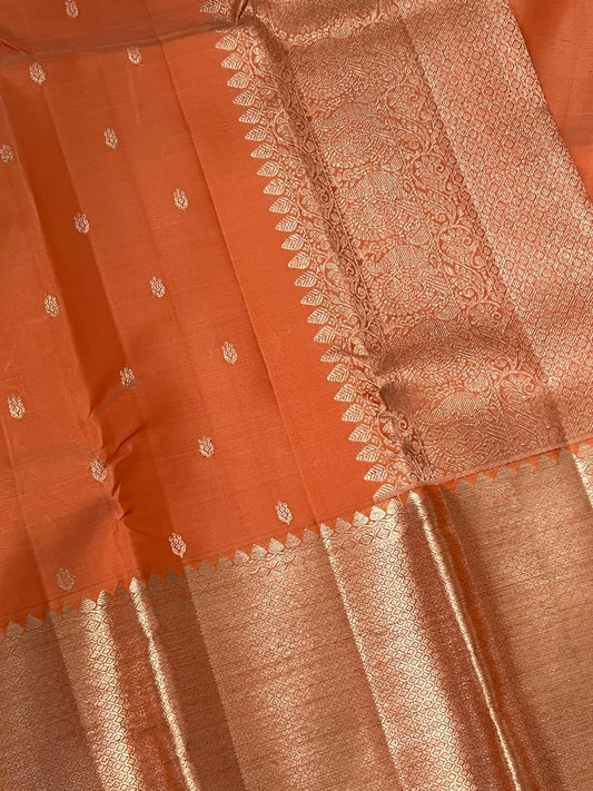 Handloom KANJIVARAM PURE SILK SAREE WITH SILVER ZARI BORDERS - Dark Peach