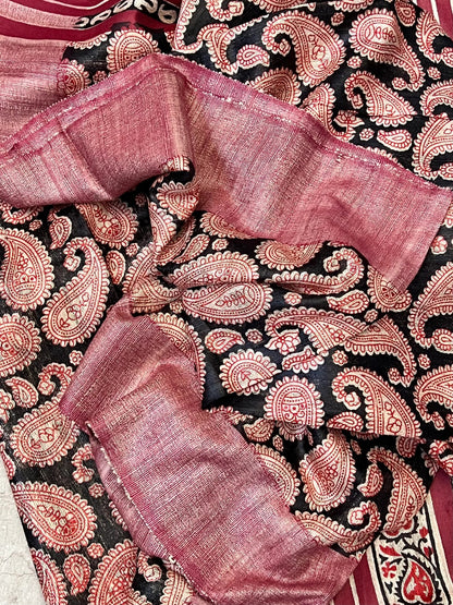 Handloom Giccha silk saree – Ajrakh block prints