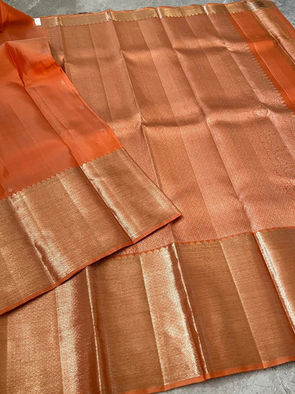 Handloom KANJIVARAM PURE SILK SAREE WITH SILVER ZARI BORDERS - Dark Peach