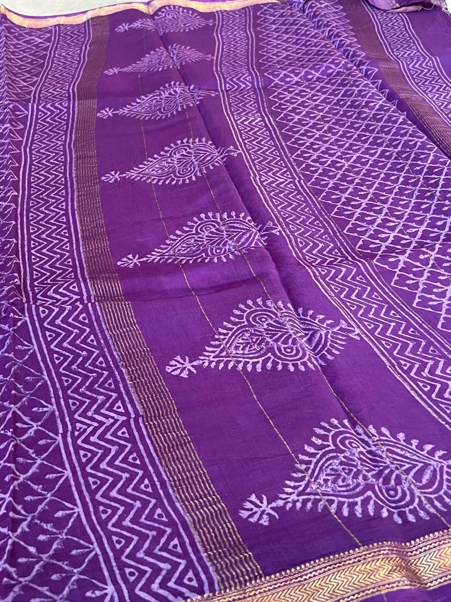 Pure Maheshwari Silk Cotton Saree with Ajrakh prints – Purple