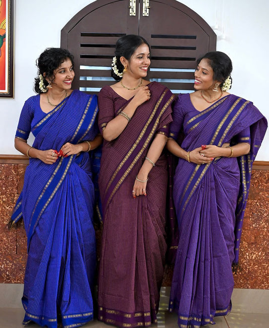 Purely Hand-Woven - Royal Blue checkered traditional Saree