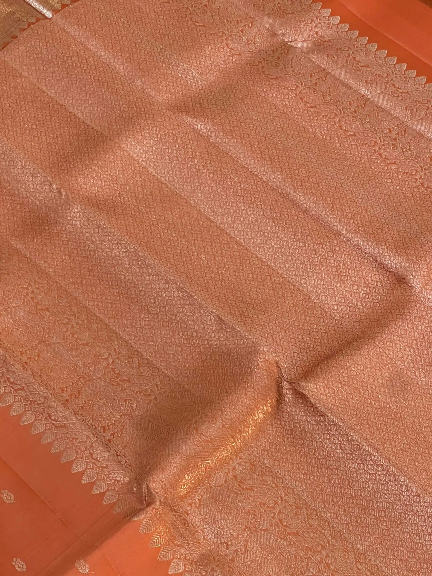 Handloom KANJIVARAM PURE SILK SAREE WITH SILVER ZARI BORDERS - Dark Peach