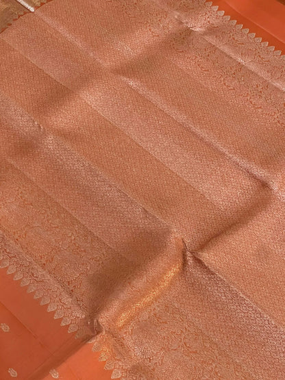 Handloom KANJIVARAM PURE SILK SAREE WITH SILVER ZARI BORDERS - Dark Peach