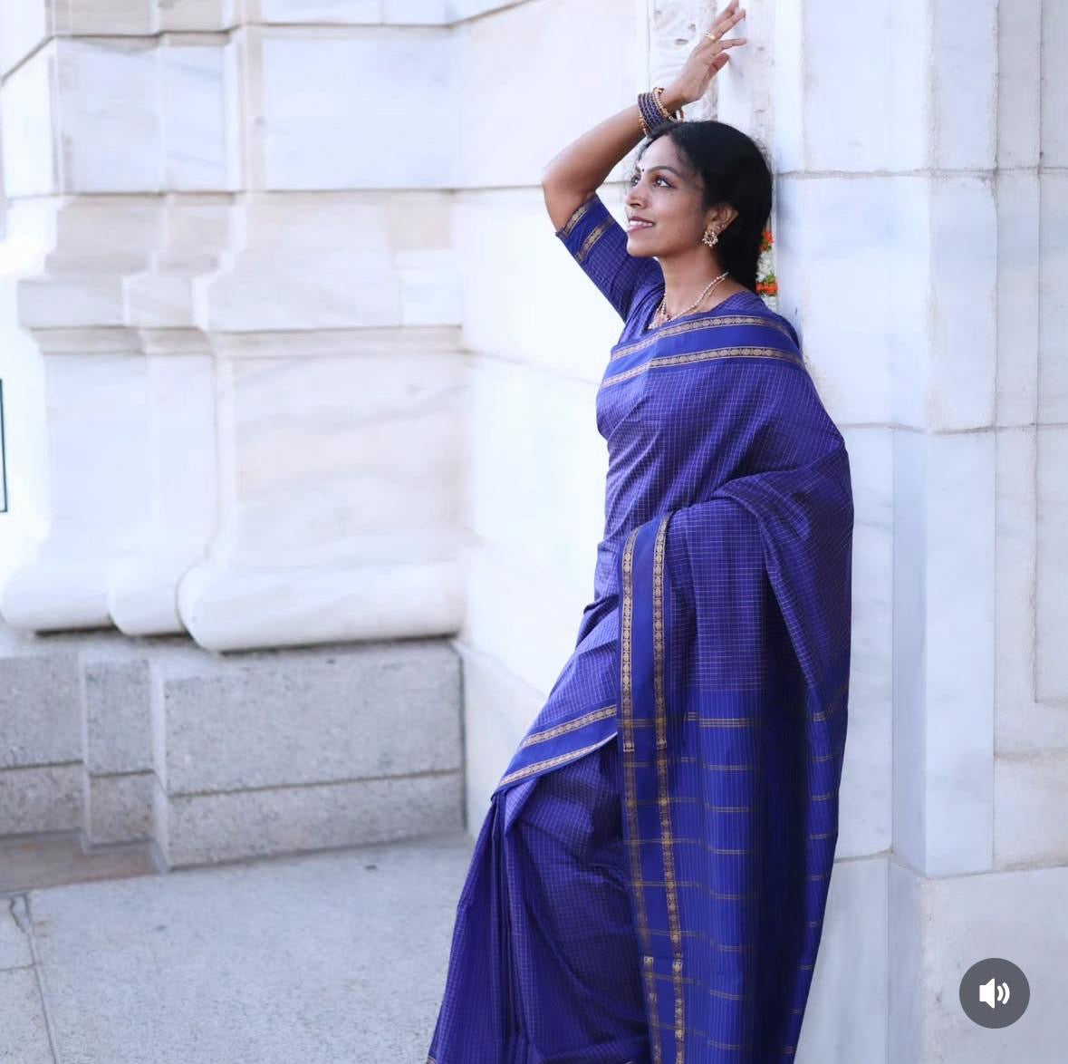 Purely Hand-Woven - Royal Blue checkered traditional Saree