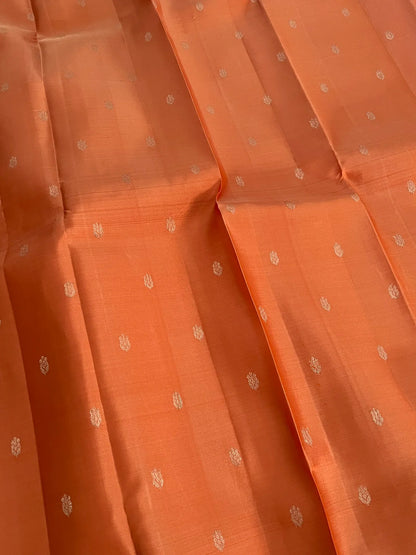 Handloom KANJIVARAM PURE SILK SAREE WITH SILVER ZARI BORDERS - Dark Peach