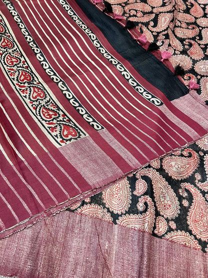 Handloom Giccha silk saree – Ajrakh block prints