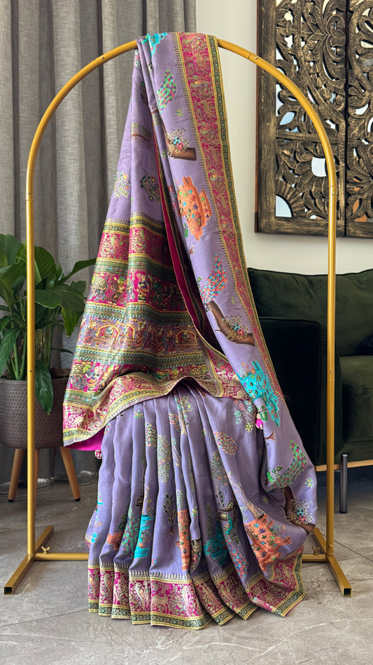 A Kashmiri Pashmina Banarasi Handwoven Storytelling Sarees on Munga Silk - Purple