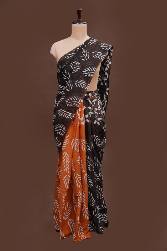 Batik Printed Mulmul Cotton Saree - Brown