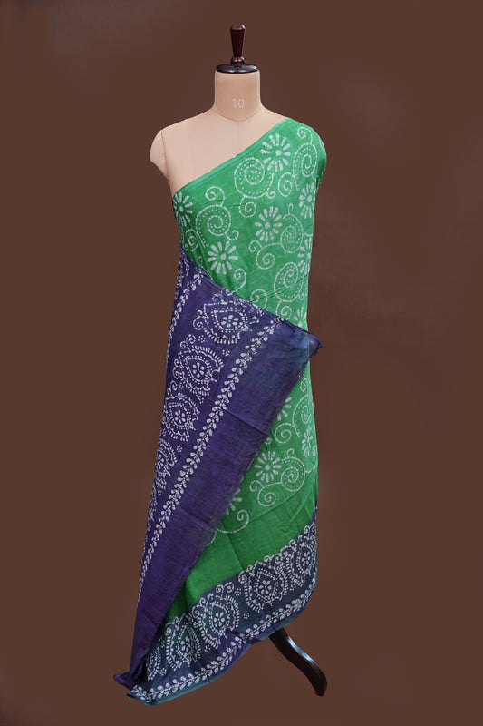 Batik Printed Mulmul Cotton Saree - Green
