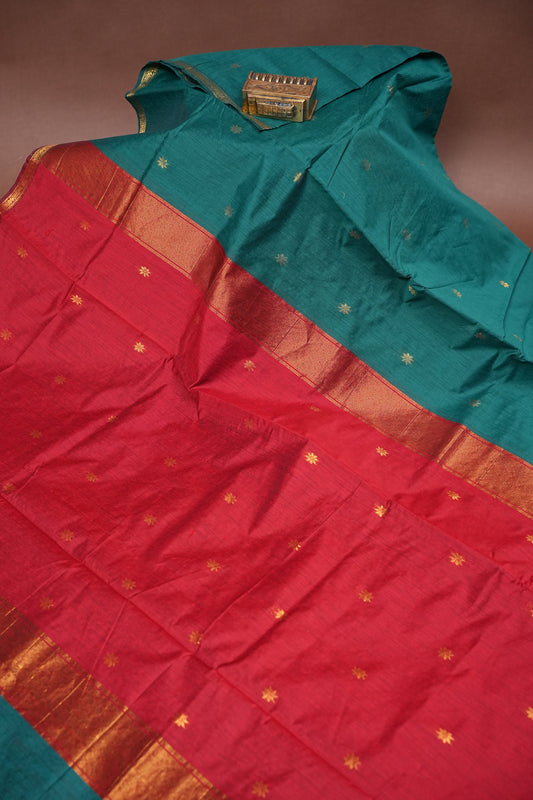 Maheshwari Silk Cotton Saree - Rama Green & Red