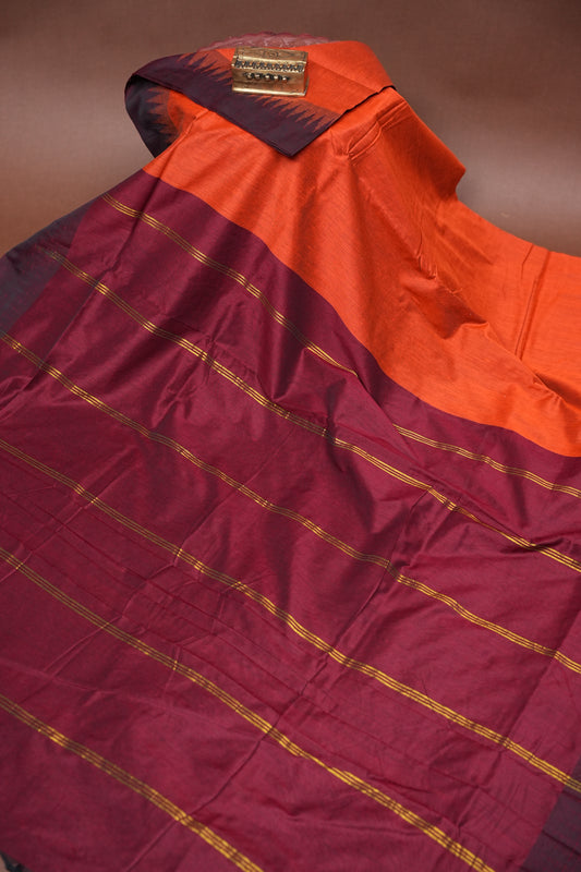 Temple Border Silk Cotton Saree - Orange and Maroon