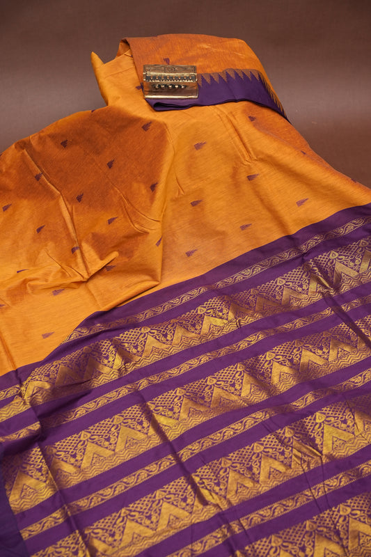 Temple Border Silk Cotton Saree - Mustard Yellow and Purple