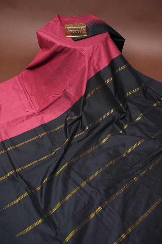 Temple Border Silk Cotton Saree - Pink and Black