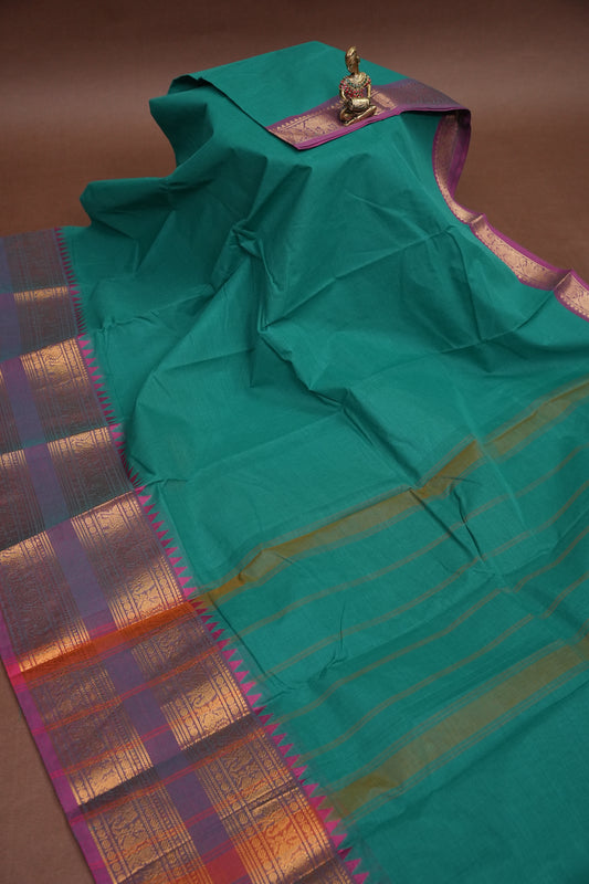 Kanchi Cotton Sarees - Turquoise green With Contrast Pink Border