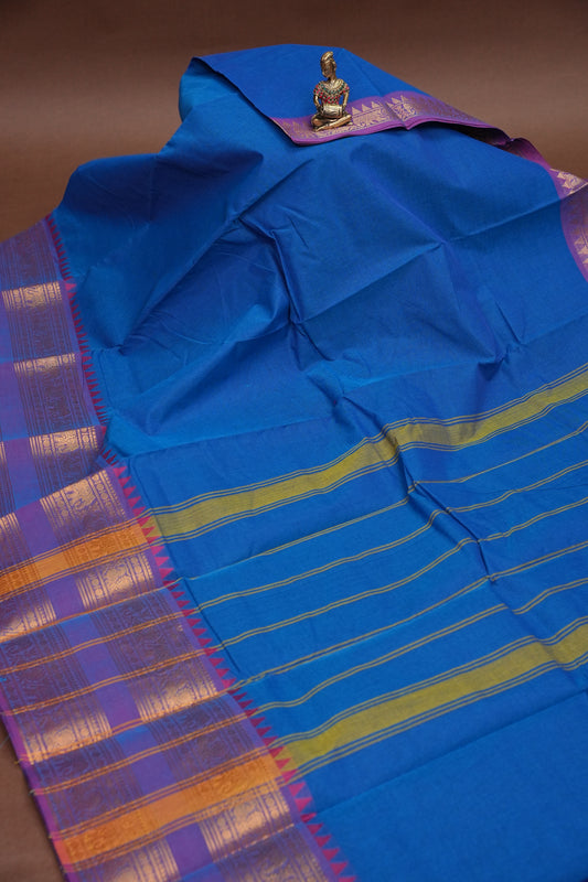 Kanchi Cotton Sarees - Ink Blue with Purple Border