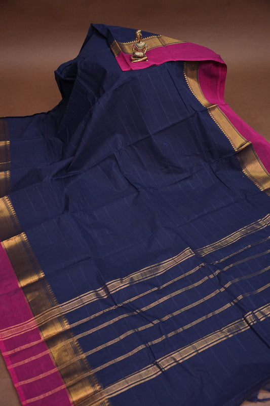 Kanchi Cotton Sarees - Blue With Contrast Pink Border