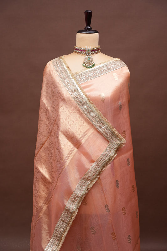Peach Tissue Organza Pure Silk Saree