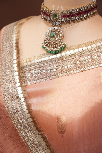 Peach Tissue Organza Pure Silk Saree