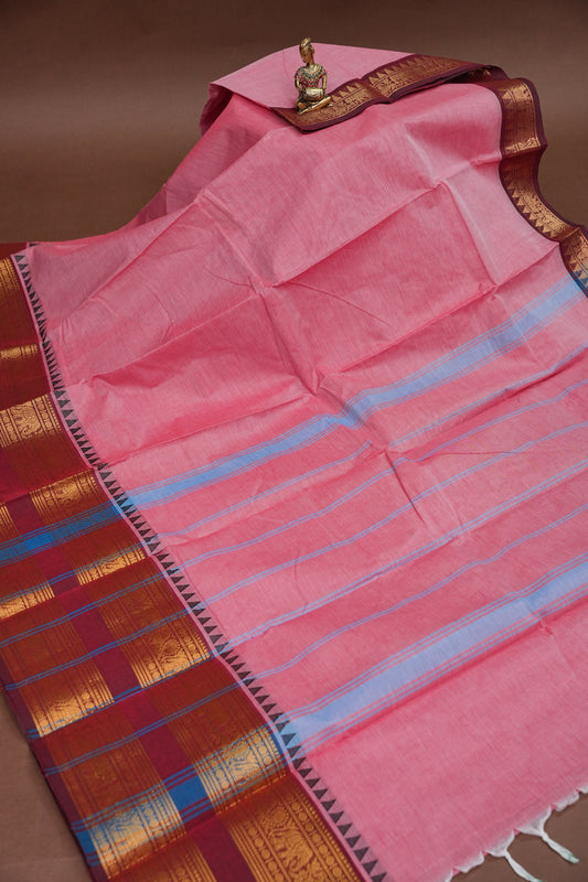 Kanchi Cotton Sarees - Salmon Pink With Contrast Retta Pettu Border