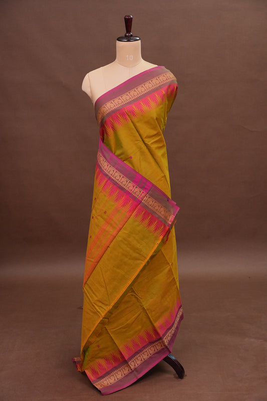 Kanchi Cotton Sarees - Mustard Yellow With Contrast Border