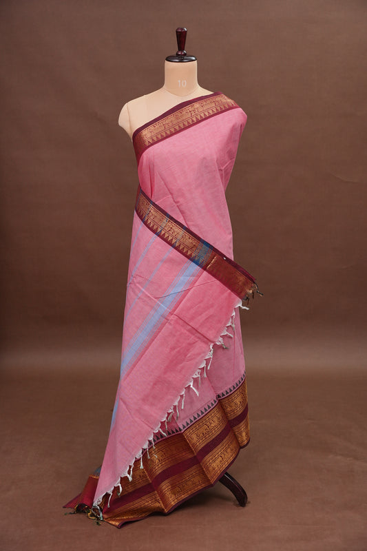 Kanchi Cotton Sarees - Salmon Pink With Contrast Retta Pettu Border