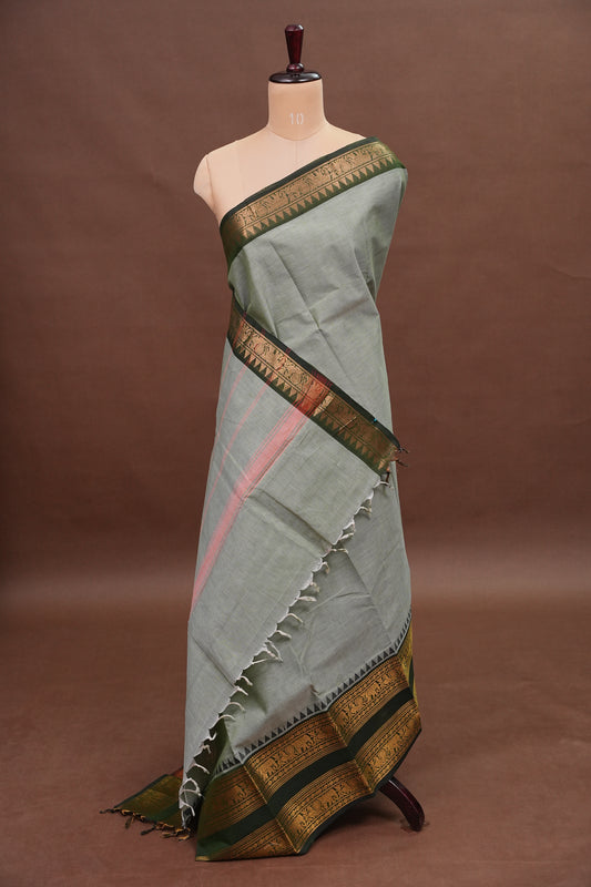 Kanchi Cotton Sarees - Grey With Contrast Retta Pettu Border